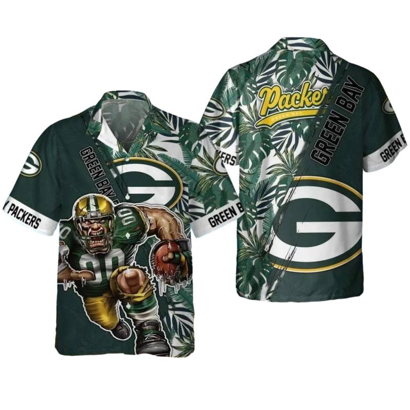 Green Bay Packers Mascot And Floral Pattern Hawaiian Shirt - Moonbestprint