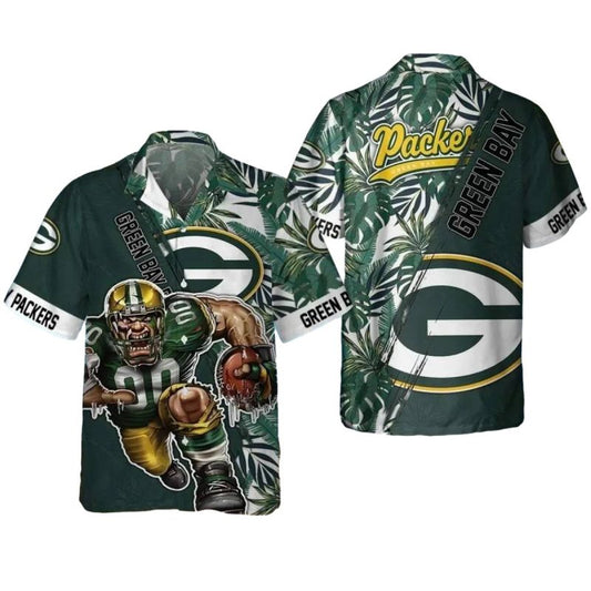 Green Bay Packers Mascot And Floral Pattern Hawaiian Shirt - Moonbestprint