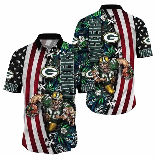 Green Bay Packers Mascot And Us Flag Hawaiian Shirt - Moonbestprint