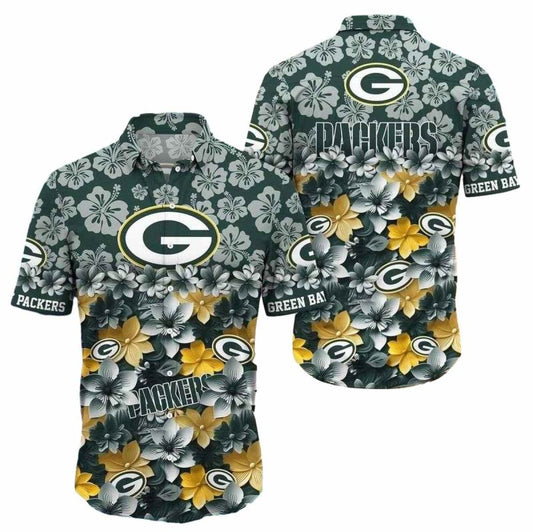 Green Bay Packers Monochrome Floral Hibiscus Hawaiian Shirt - Moonbestprint