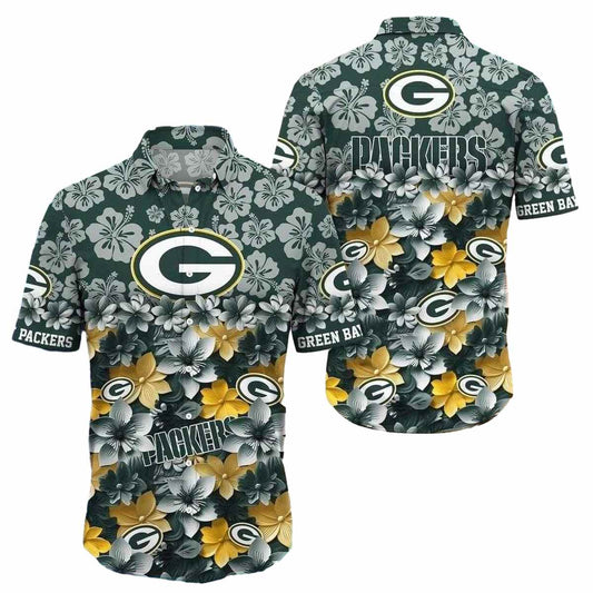 Green Bay Packers Monochrome Floral Hibiscus Hawaiian Shirt - Moonbestprint