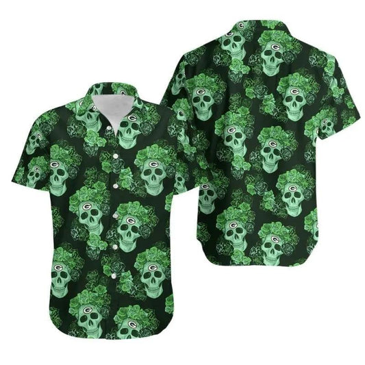 Green Bay Packers Mystery Skull And Flower Hawaiian Shirt, NFL Hawaiian Shirt Moonbestprint
