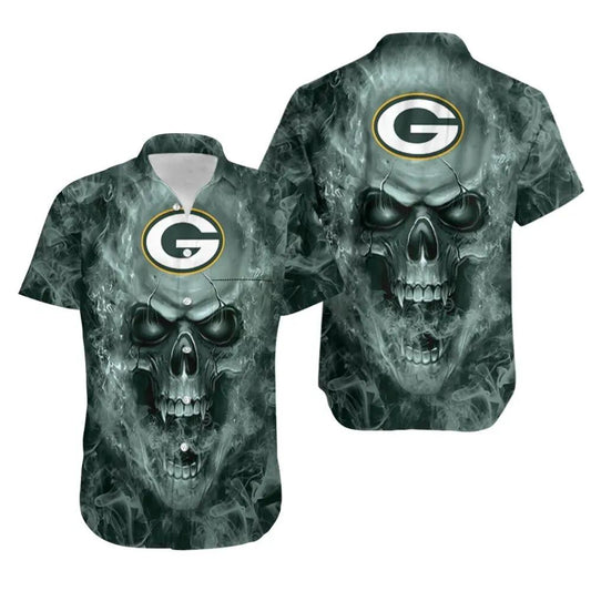 Green Bay Packers Nfl Fan Skull Hawaiian Shirt Print Short Sleeve Hawaiian Aloha Shirt, NFL Hawaiian Shirt Moonbestprint