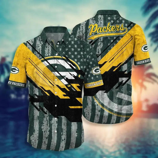 Green Bay Packers Nfl Football Hawaiian Shirt Short American Flag Print This Summer Best Gift For Fans, NFL Hawaiian Shirt Moonbestprint
