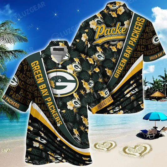 Green Bay Packers Nfl Football With Tropical Flower Pattern Hawaiian Shirt For Fans, NFL Hawaiian Shirt Moonbestprint