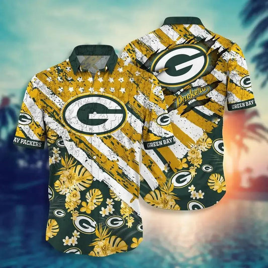 Green Bay Packers Nfl Hawaiian Sas Floral Print American Flag Beach Shirt Short Style Hot Trending Summer, NFL Hawaiian Shirt Moonbestprint