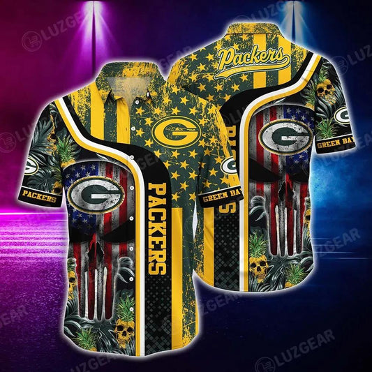 Green Bay Packers Nfl Hawaiian Shirt Graphic Tropical Patterns Skull Punisher 3D Printed Best Gift For Fans, NFL Hawaiian Shirt Moonbestprint