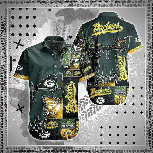 Green Bay Packers Nfl Hawaiian Shirt Skull Printed 3D New Trend Summer For Best Fans, NFL Hawaiian Shirt Moonbestprint