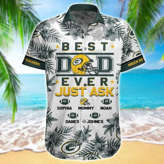 Green Bay Packers Nfl Personalized Hawaiian Shirt Tropical Patterns Trends Summer Custom Your Name And Child’S Name, NFL Hawaiian Shirt Moonbestprint
