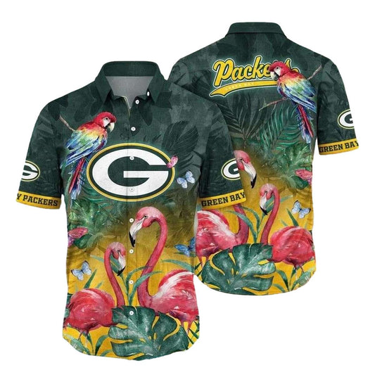Green Bay Packers Parrot And Flamingo Hawaiian Shirt - Moonbestprint