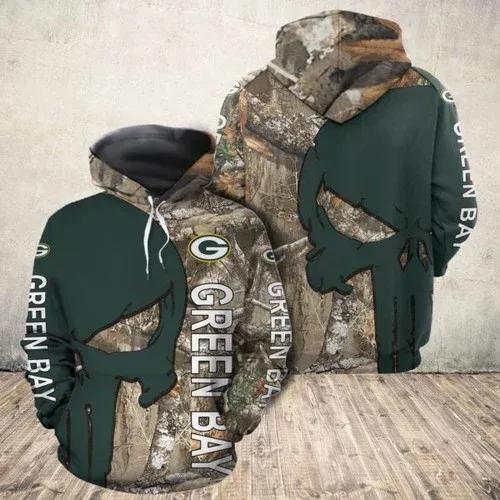 Green Bay Packers Punisher Skull Tree Camo 3D Hoodie, NFL Hoodie Moonbestprint