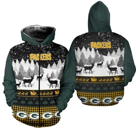 Green Bay Packers Reindeer Xmas Ugly Sweater Aop Hoodie - Moonbestprint