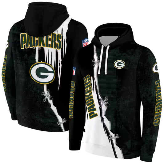 Green Bay Packers Ripped Pattern Green Black White Aop Hoodie - Moonbestprint