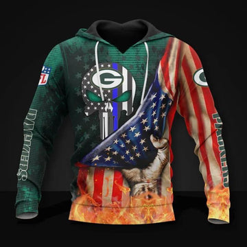 Green Bay Packers Skull American Flag All Over Print Hoodie, NFL Hoodie Moonbestprint