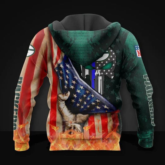 Green Bay Packers Skull American Flag All Over Print Hoodie, NFL Hoodie Moonbestprint