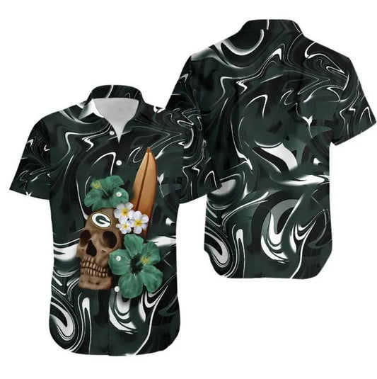 Green Bay Packers Skull And Hibiscus Flower Nfl Gift For Fan Hawaii Shirt Summer Collection, NFL Hawaiian Shirt Moonbestprint