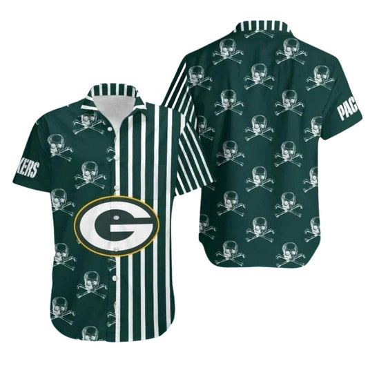 Green Bay Packers Skull And Stripes Design Hawaiian Shirt - Moonbestprint