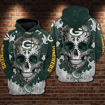 Green Bay Packers Skull Flower 3D Hoodie, NFL Hoodie Moonbestprint