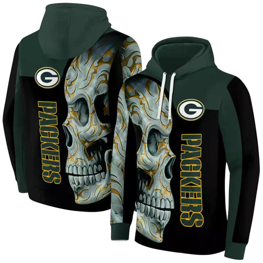 Green Bay Packers Skull Motif Green Black Aop Hoodie - Moonbestprint