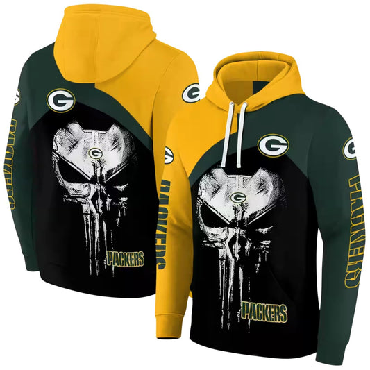 Green Bay Packers Skull Punisher Gold Black Aop Hoodie - Moonbestprint