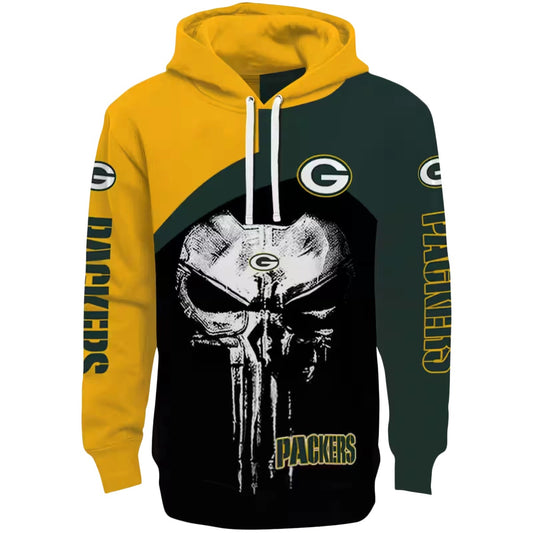 Green Bay Packers Skull Punisher Gold Black Aop Hoodie - Moonbestprint