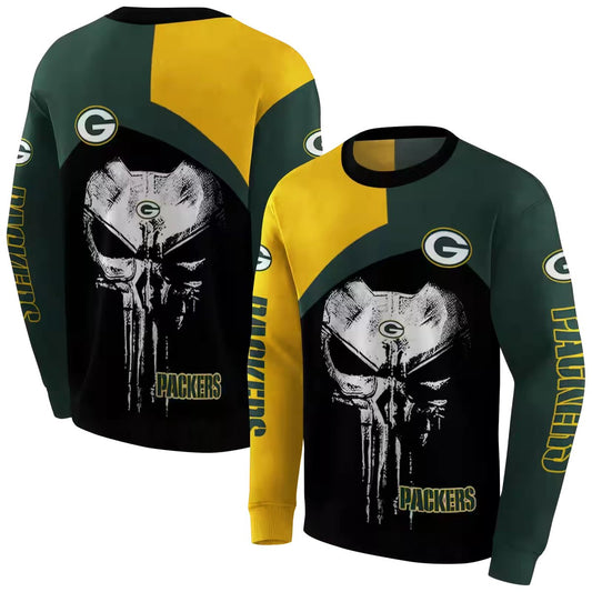 Green Bay Packers Skull Punisher Gold Black Aop Sweatshirt - Moonbestprint