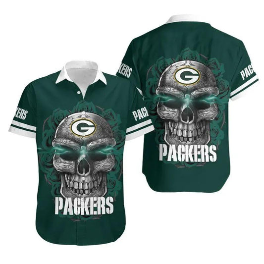 Green Bay Packers Sugar Skull Nfl Gift For Fan Hawaiian Graphic Print Short Sleeve Hawaiian Shirt, NFL Hawaiian Shirt Moonbestprint