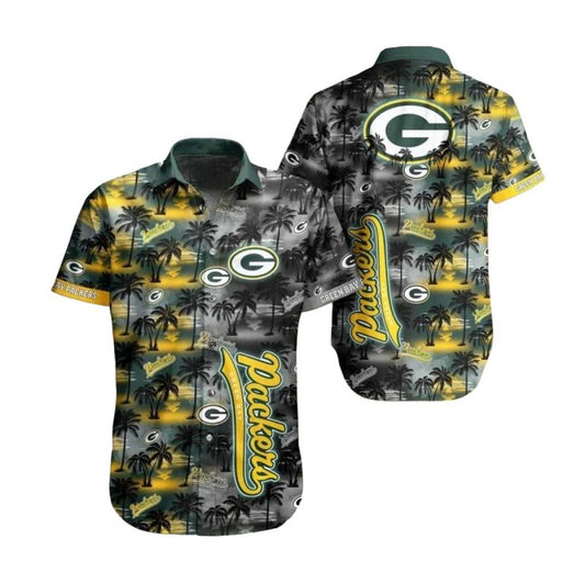 Green Bay Packers Sunset Palm Tree Design Hawaiian Shirt - Moonbestprint