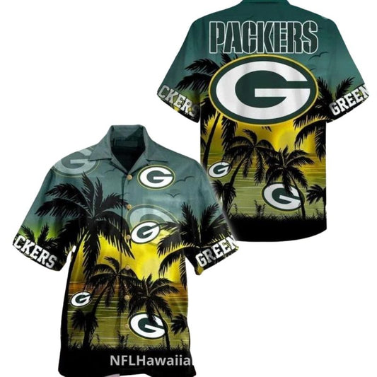 Green Bay Packers Sunset Palm Trees Beach Vibes Hawaiian Shirt - Moonbestprint