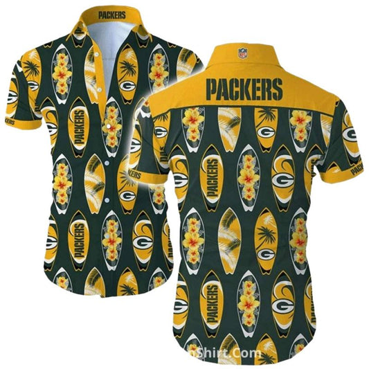 Green Bay Packers Surfboard Tropical Hawaiian Shirt - Moonbestprint