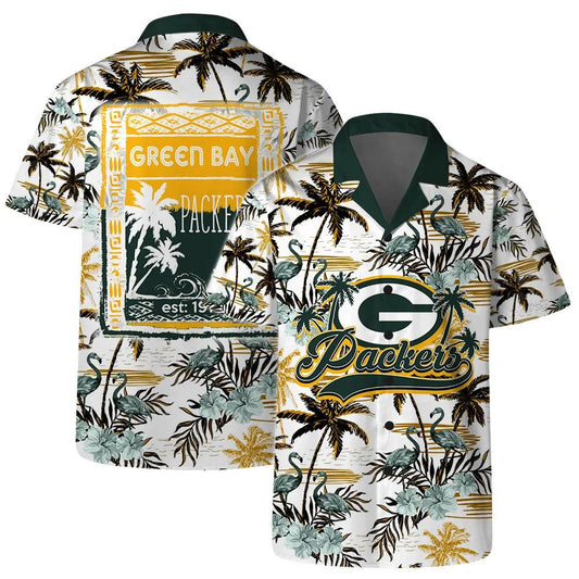 Green Bay Packers Team Logo Pattern Flamingo Hibiscus Hawaiian Shirt, NFL Hawaiian Shirt Moonbestprint