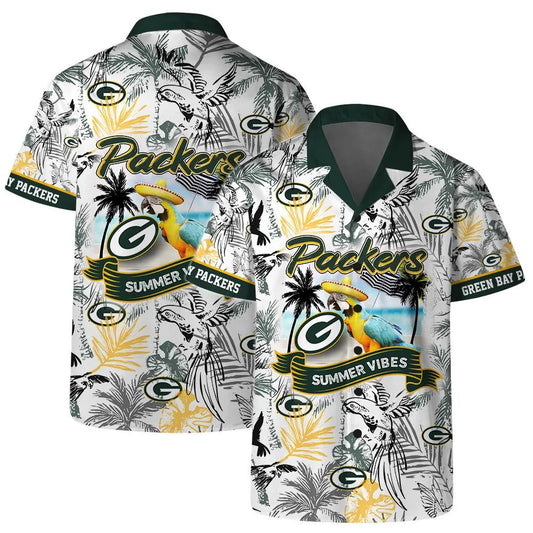 Green Bay Packers Team Logo Pattern Parrot Beach Hawaiian Shirt, NFL Hawaiian Shirt Moonbestprint