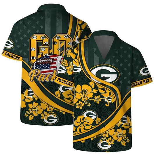 Green Bay Packers Team Logo Pattern US Flag Hawaiian Shirt, NFL Hawaiian Shirt Moonbestprint