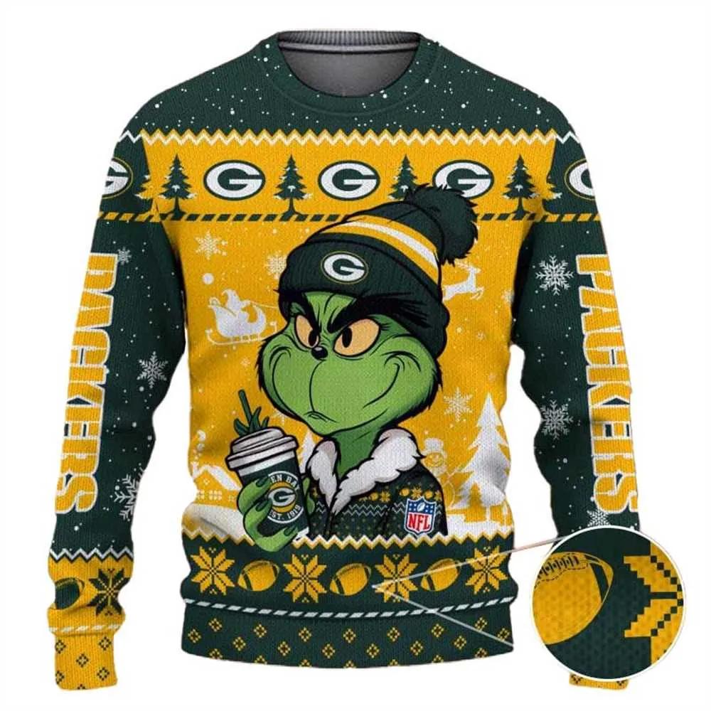 Green Bay Packers The Grinch Drink Coffee Ugly Christmas Sweater, NFL Christmas Sweater Moonbestprint