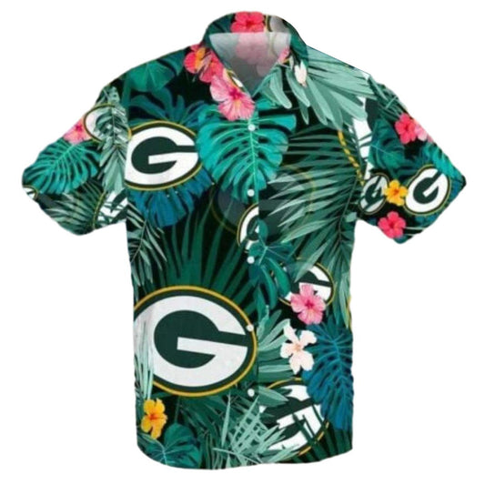 Green Bay Packers Tropical Floral Pattern With Logos Hawaiian Shirt - Moonbestprint