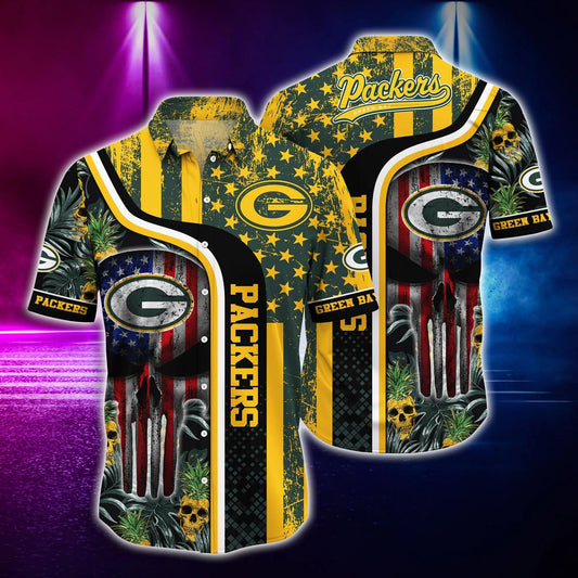 Green Bay Packers US Flag Skull Pattern Hawaiian Shirt, NFL Hawaiian Shirt Moonbestprint
