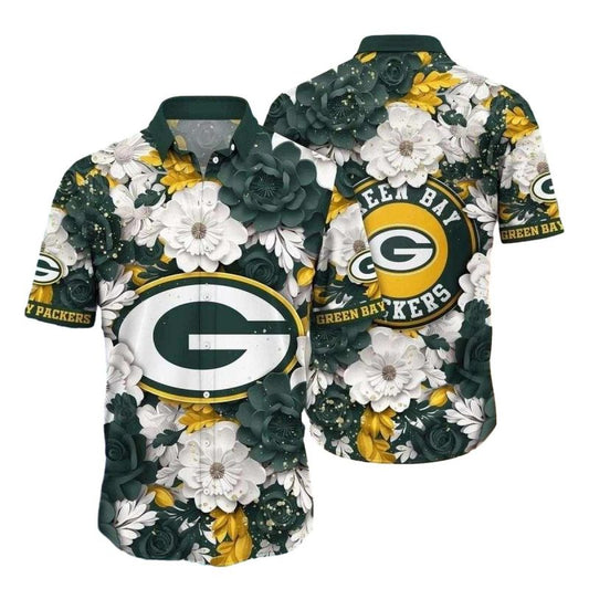 Green Bay Packers White And Green Flowes Pattern Hawaiian Shirt - Moonbestprint
