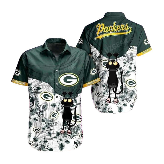 Green Bay Packers With Black Cat And Floral Design Hawaiian Shirt - Moonbestprint