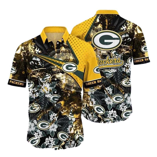 Green Bay Packers With Bold Floral And Logo Hawaiian Shirt - Moonbestprint