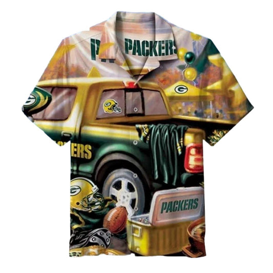 Green Bay Packers With Bold Green And Yellow Car Hawaiian Shirt - Moonbestprint