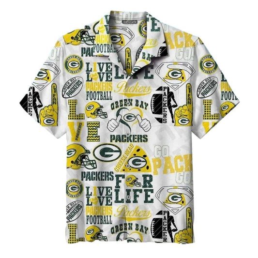 Green Bay Packers With Bold Letters And Football Logos Hawaiian Shirt - Moonbestprint