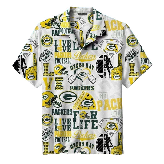 Green Bay Packers With Bold Letters And Football Logos Hawaiian Shirt - Moonbestprint