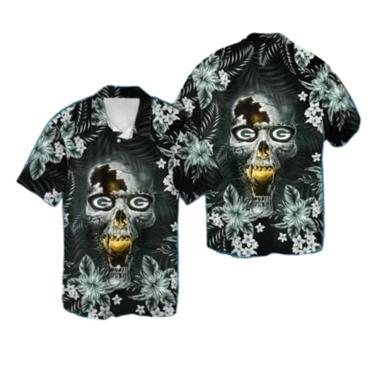 Green Bay Packers With Skull And Floral Design 2025 Hawaiian Shirt - Moonbestprint