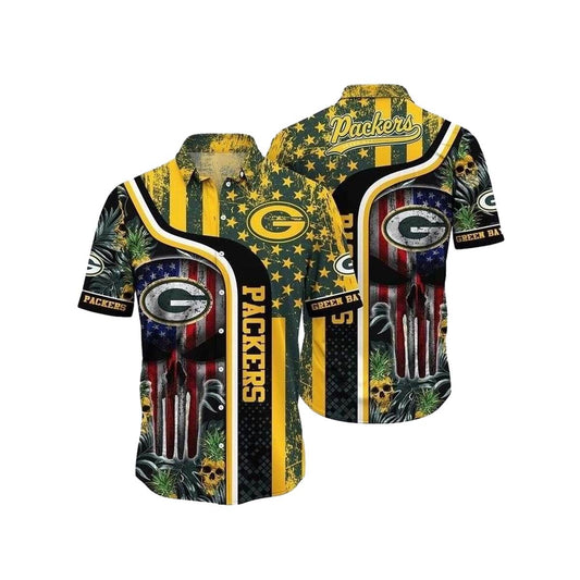 Green Bay Packers With Skull Halloween Us Flag Design 2025 Hawaiian Shirt - Moonbestprint