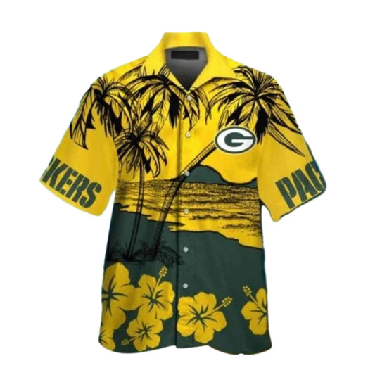 Green Bay Packers Yellow Floral Beach Scene Hawaiian Shirt - Moonbestprint