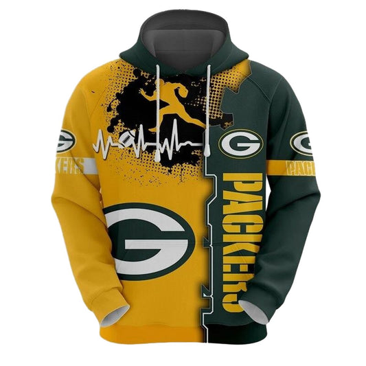 Green Bay Packers Graphic Heart Ecg Line Aop Hoodie - Moonbestprint