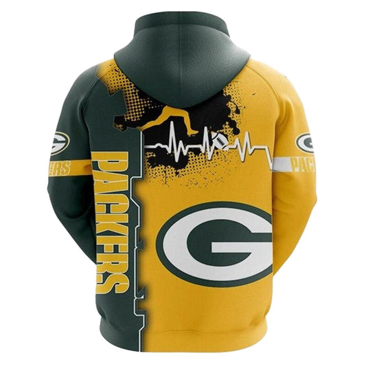 Green Bay Packers Graphic Heart Ecg Line Aop Hoodie - Moonbestprint