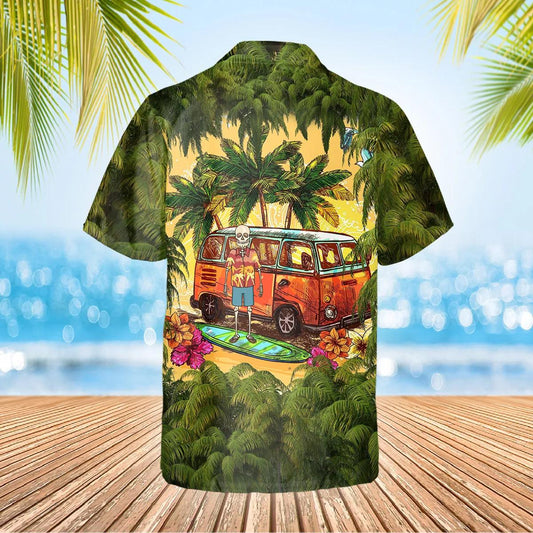 Green Beach And Skull Camper Hawaiian Shirt, Hawaiian Button Up Shirt, Tropical Shirts For Men Moonbestprint