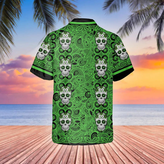 Green Pattern Color Skull Hawaiian Shirt, Hawaiian Button Up Shirt, Tropical Shirts For Men Moonbestprint