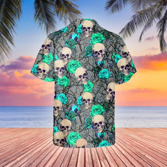 Green Roses Skull Hawaiian Shirt, Hawaiian Button Up Shirt, Tropical Shirts For Men Moonbestprint